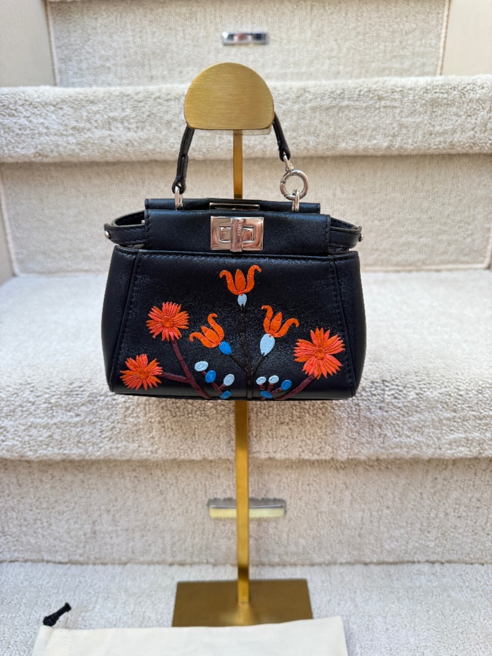 Fendi Nappa Micro Peekaboo Iconic Satchel Black with Flower Design Pre-Owned